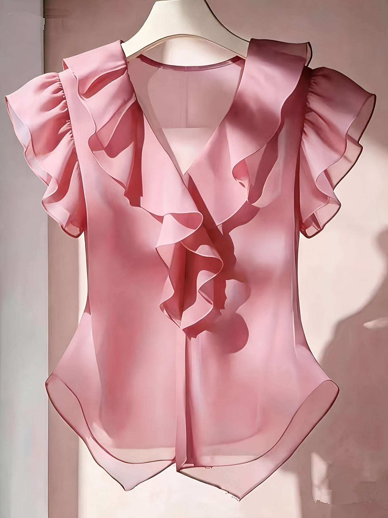 Vaenyra | Damesblouse in Franse stijl van chiffon – effen kleur met ruches en korte mouwen