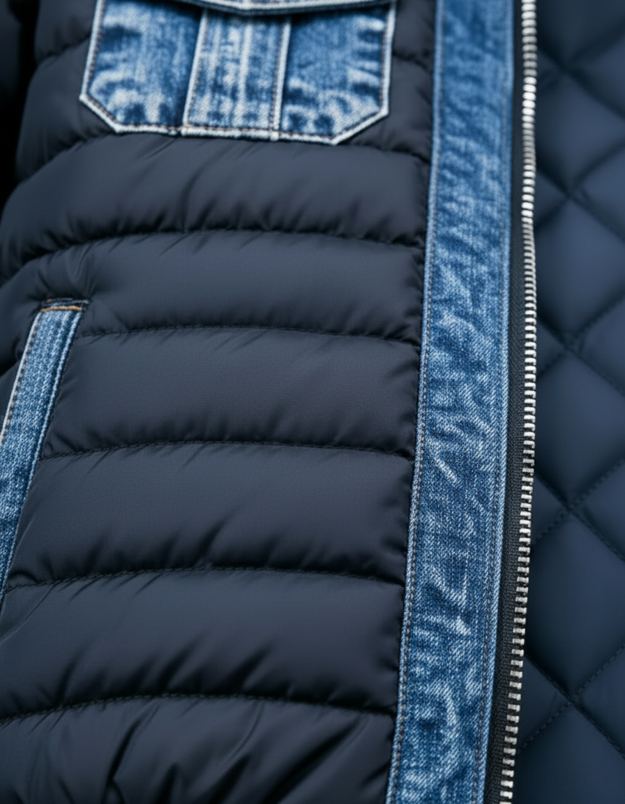 Kex | Gewatteerde denim hybride jas voor heren – zachte gelaagde jas, casual bovenkleding voor dagelijks gebruik