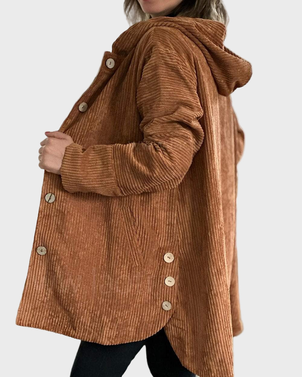 Adelgunde | Dames corduroy jas met capuchon – Casual herfst-winterjas met knopen aan de voorkant