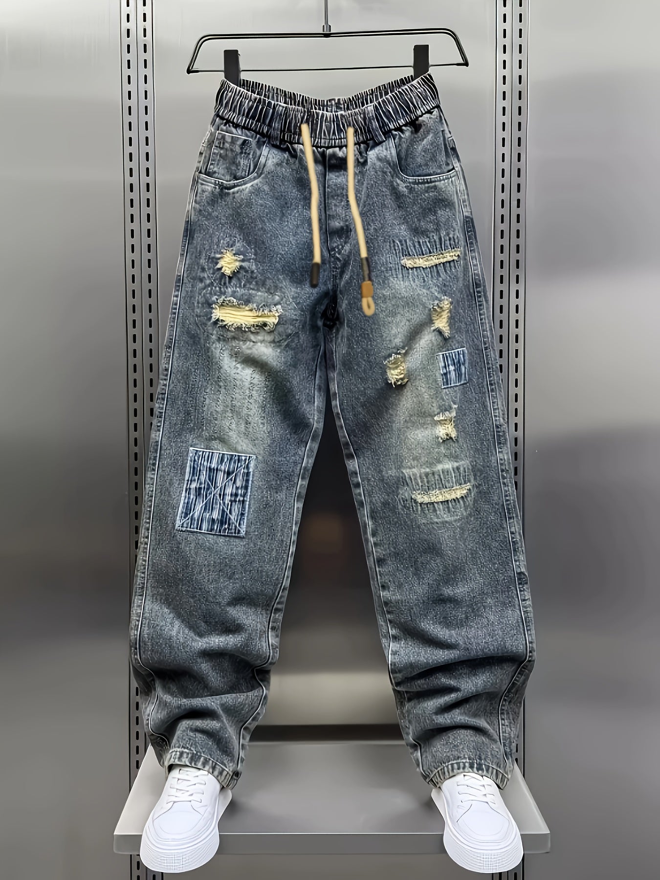 Nyxen | Damesbroek van patchwork-denim in distressed-look