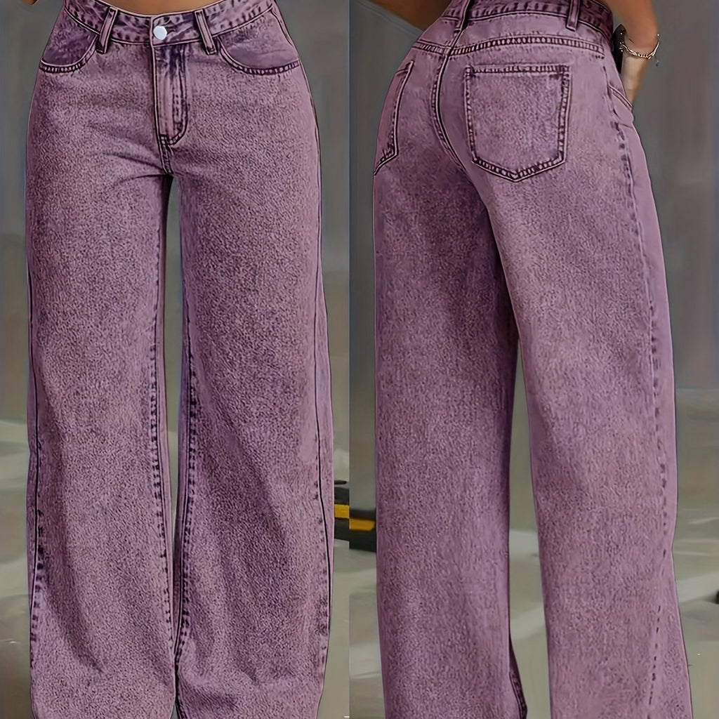 Viridia | Hoge taille stretch jeans voor dames – Losse acid wash rechte en wijde pijpen, buikcontrole, zakken