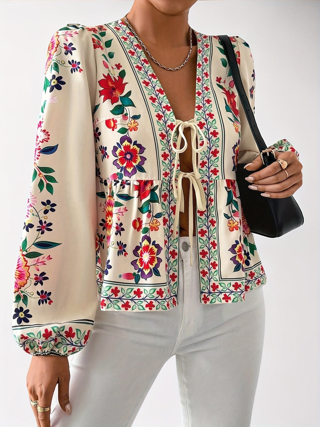 Aletha | Elegant Floral Print Blouse for Women – Long Puff Sleeves, Tie Closure, V-Neck