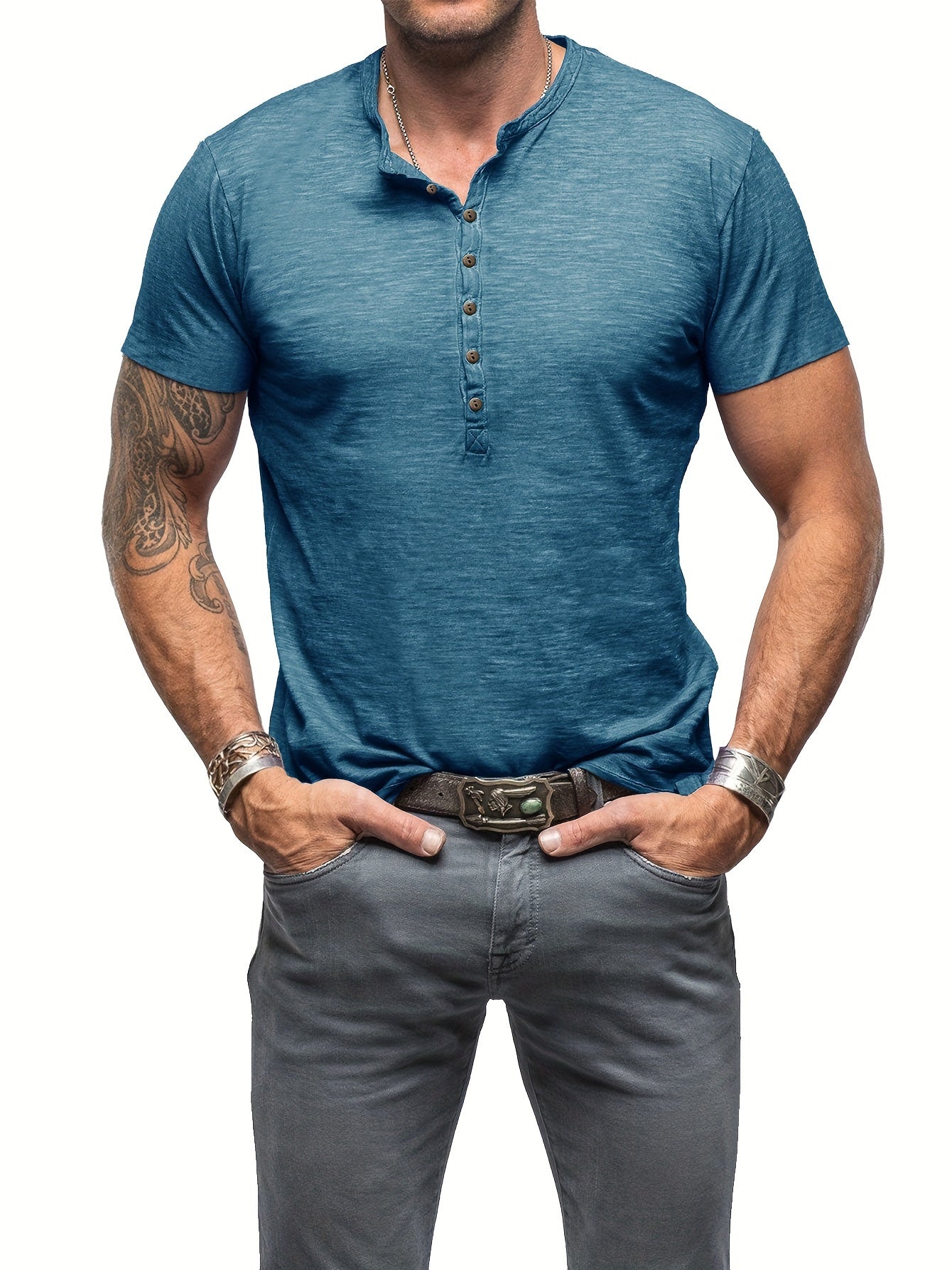 Riggs | Vintage stijl herenhemd in katoen Henley - knoopsluiting, ronde hals