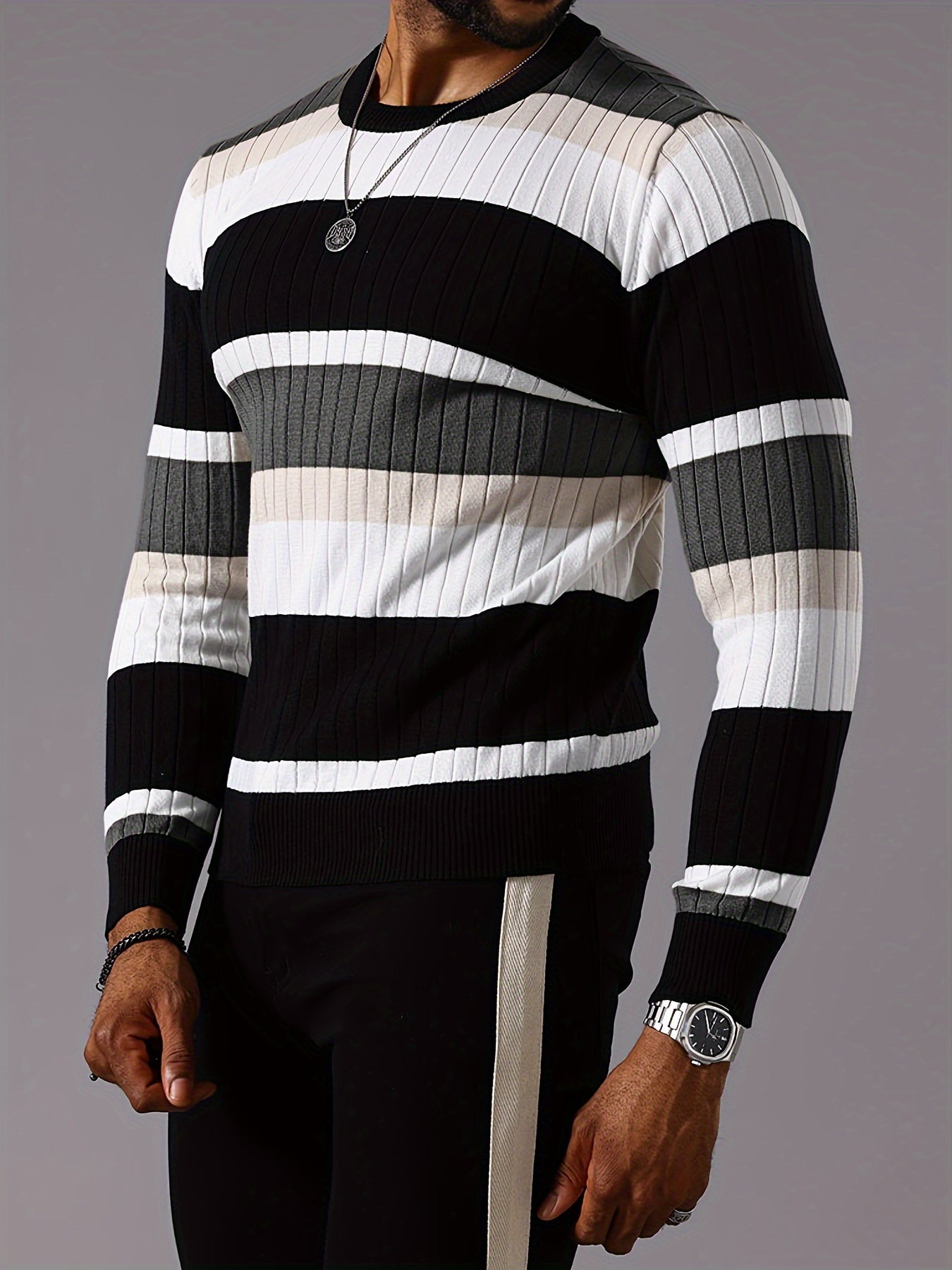 Epoch | Casual Gestreepte Pullover met Kleurblokken voor Heren - Sweater met Lange Mouwen en Ronde Hals