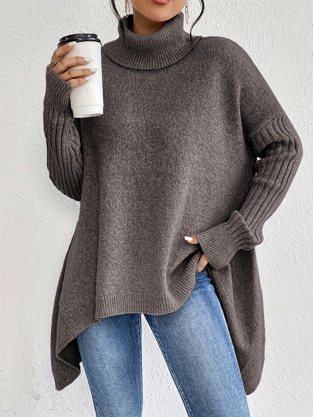 Fenella | Dames Vintage katoenen coltrui - oversized asymmetrische zoom, lange mouwen, casual gebreide trui