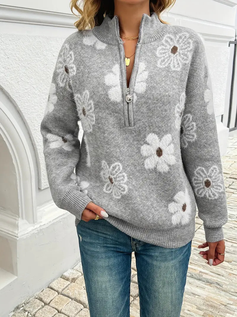 Felra | Dames trui met bloemenprint, halve rits, verlaagde schouders, hoge hals, comfortabel en stijlvol