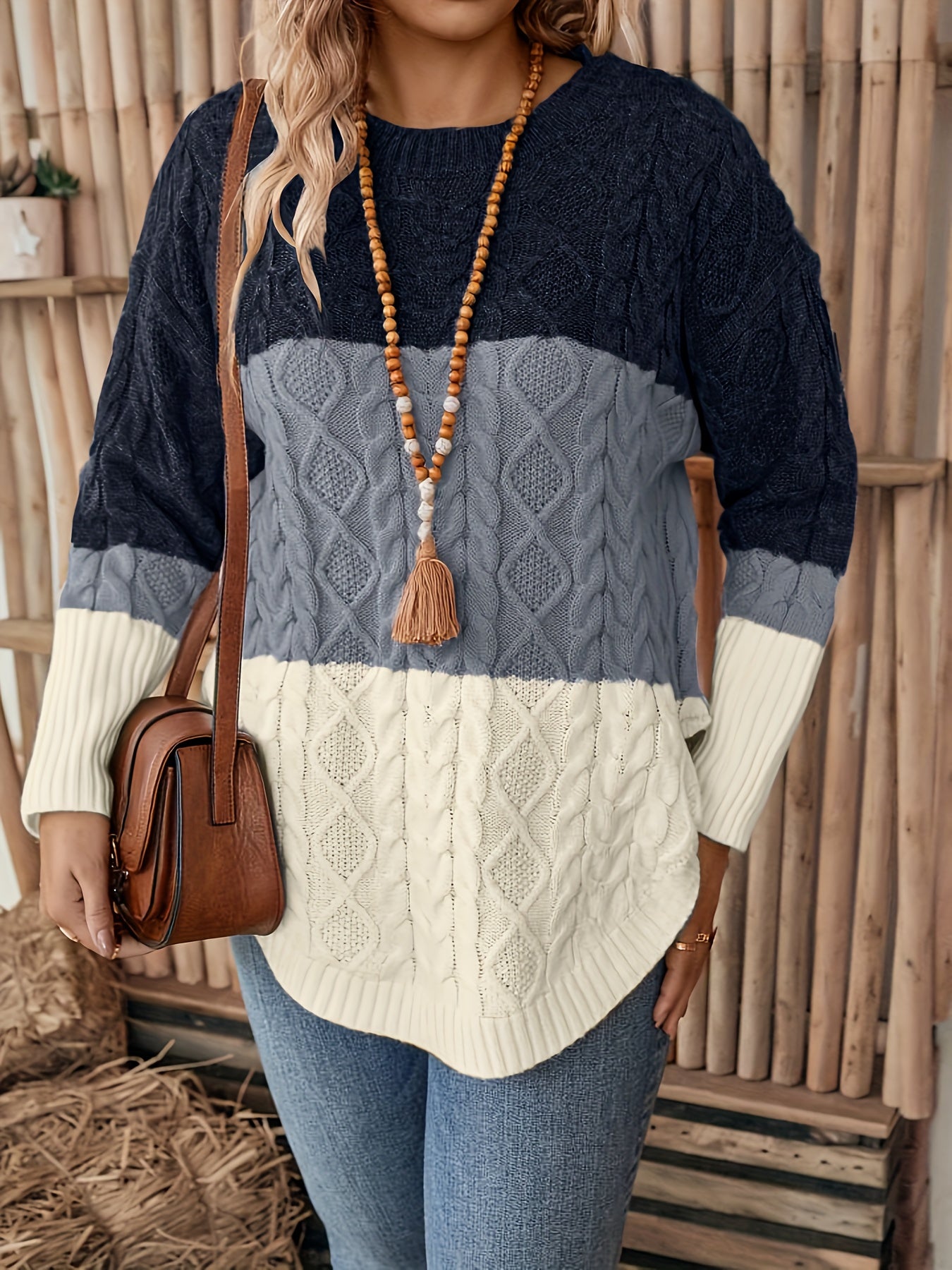 Leighton | Retro plus size trui voor dames - Kleurblok gebreide kabel