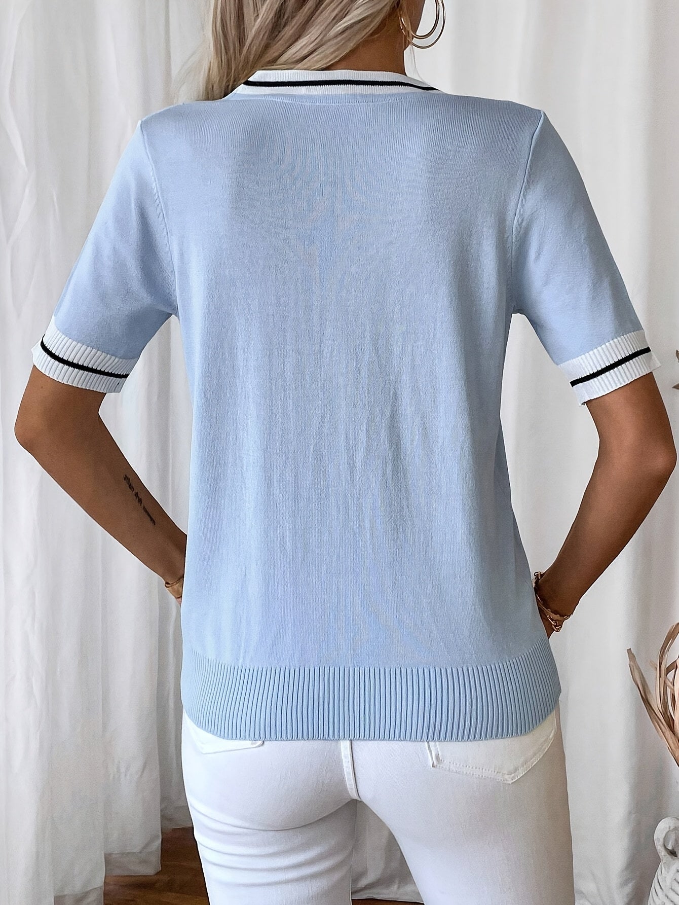 Danika | Casual V-Neck Women's T-Shirt with Tie Detail - Color Block Short Sleeve Top