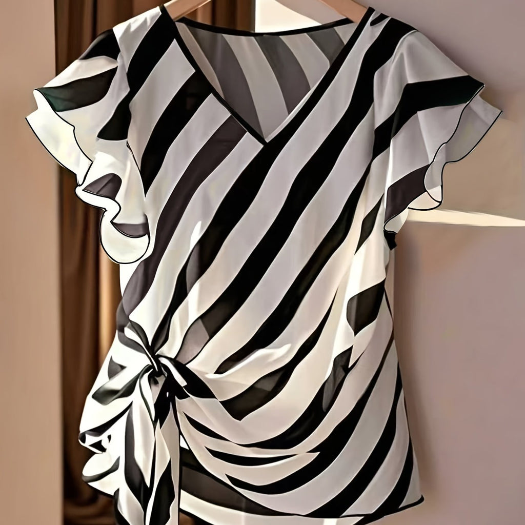 Kelyn | Casual zomertop voor dames – Gestreepte blouse met V-hals en strik in de taille