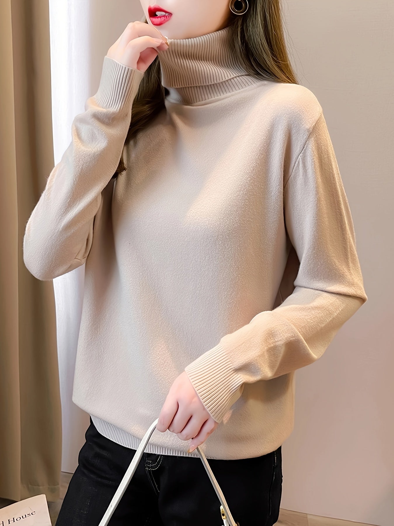 Amaranth | Effen gebreide dames trui met schildpadhals - Elegante trui met lange mouwen