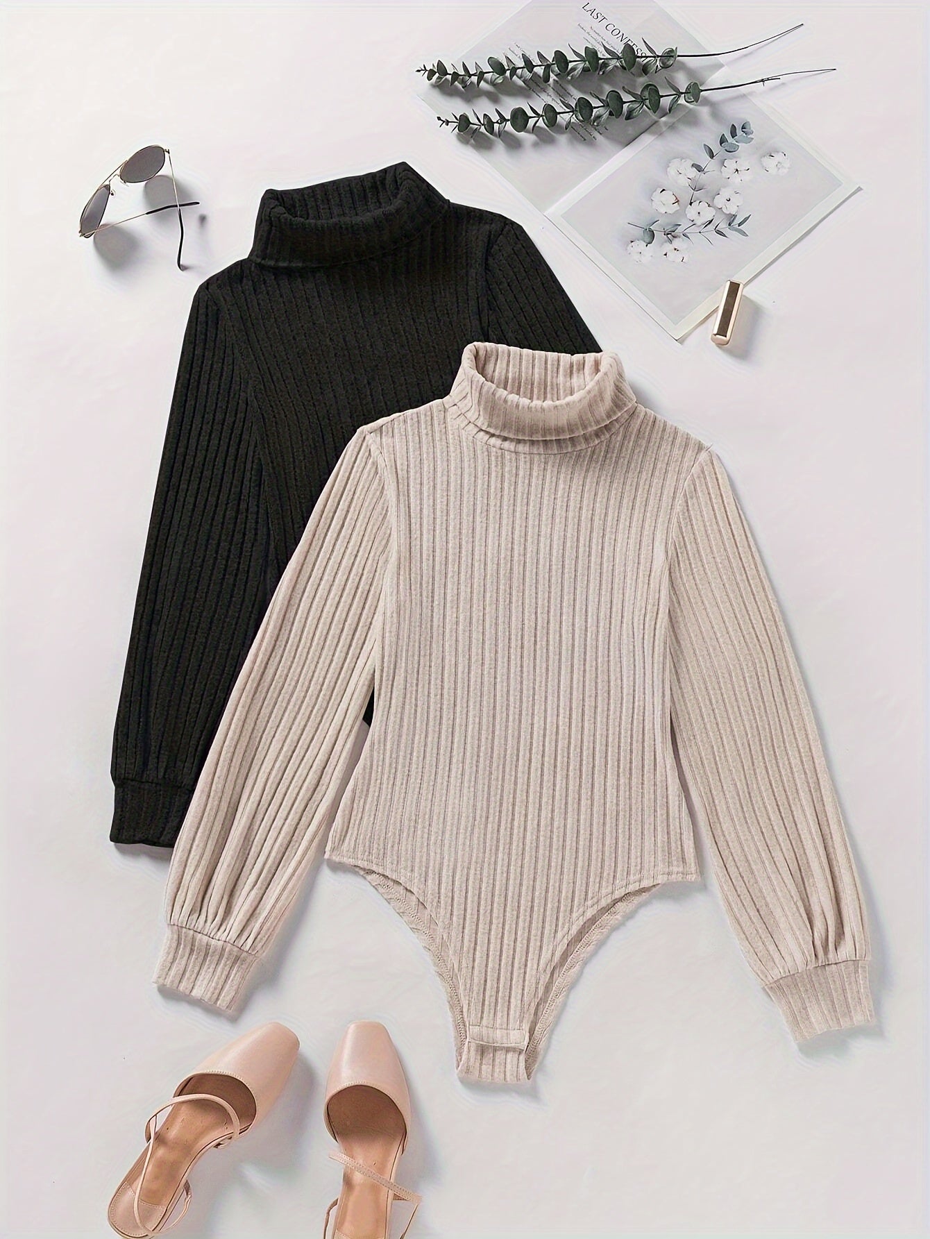 Leontine | Casual ribbed long-sleeved turtleneck bodysuit for women - 2-piece