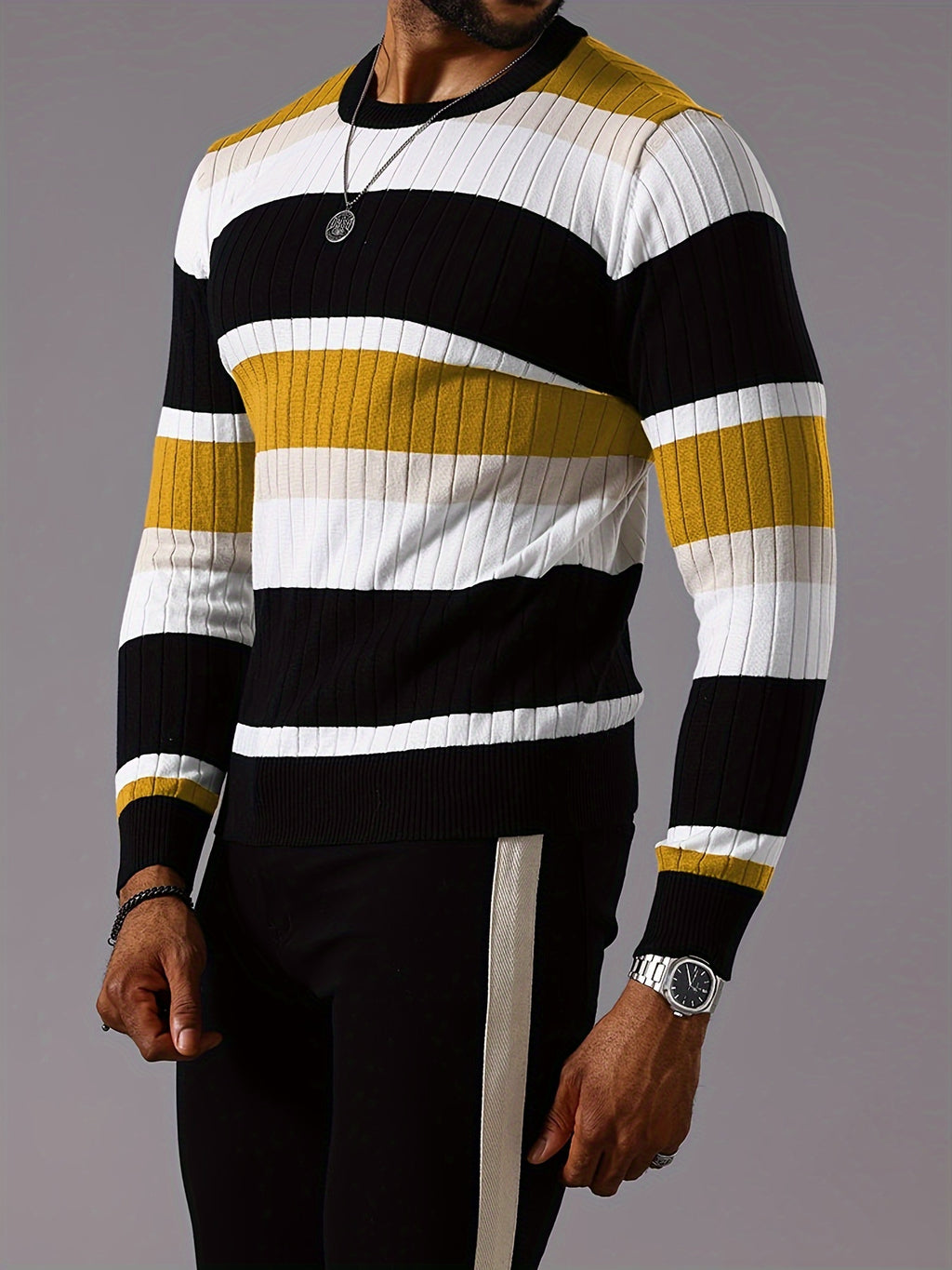 Epoch | Casual Gestreepte Pullover met Kleurblokken voor Heren - Sweater met Lange Mouwen en Ronde Hals