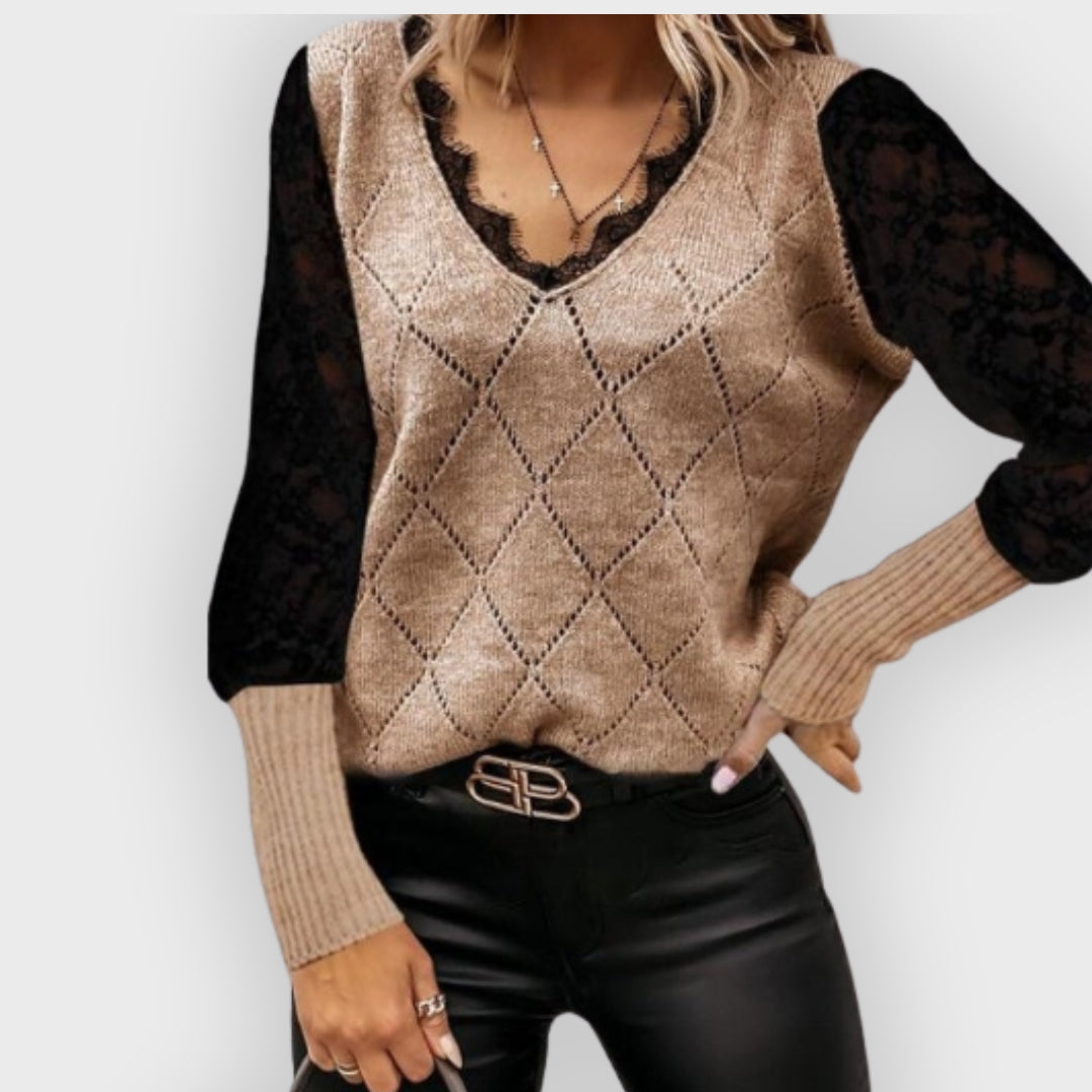 Jacqueline | Dames sweatshirt met V-hals, lange mouwen, elegant kleurcontrast, casual chique pullover top