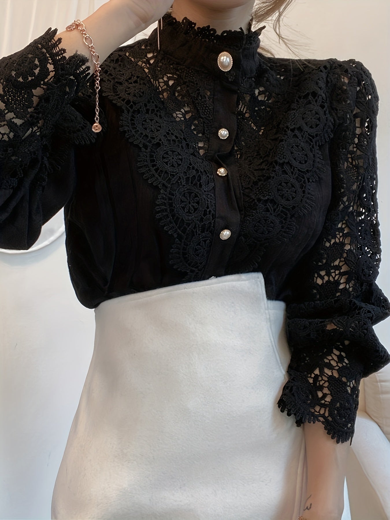 Lalique | Victorian Lace Women's Blouse with Pearl Button and Long Sleeves