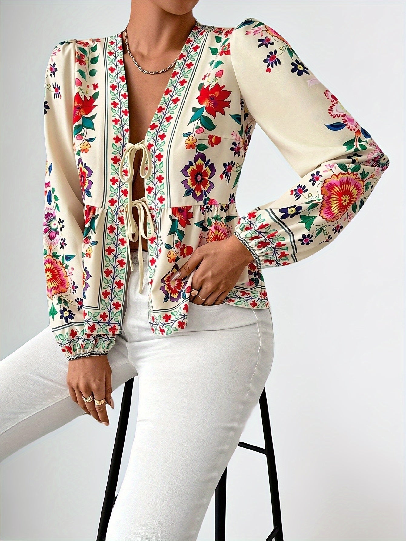 Aletha | Elegant Floral Print Blouse for Women – Long Puff Sleeves, Tie Closure, V-Neck