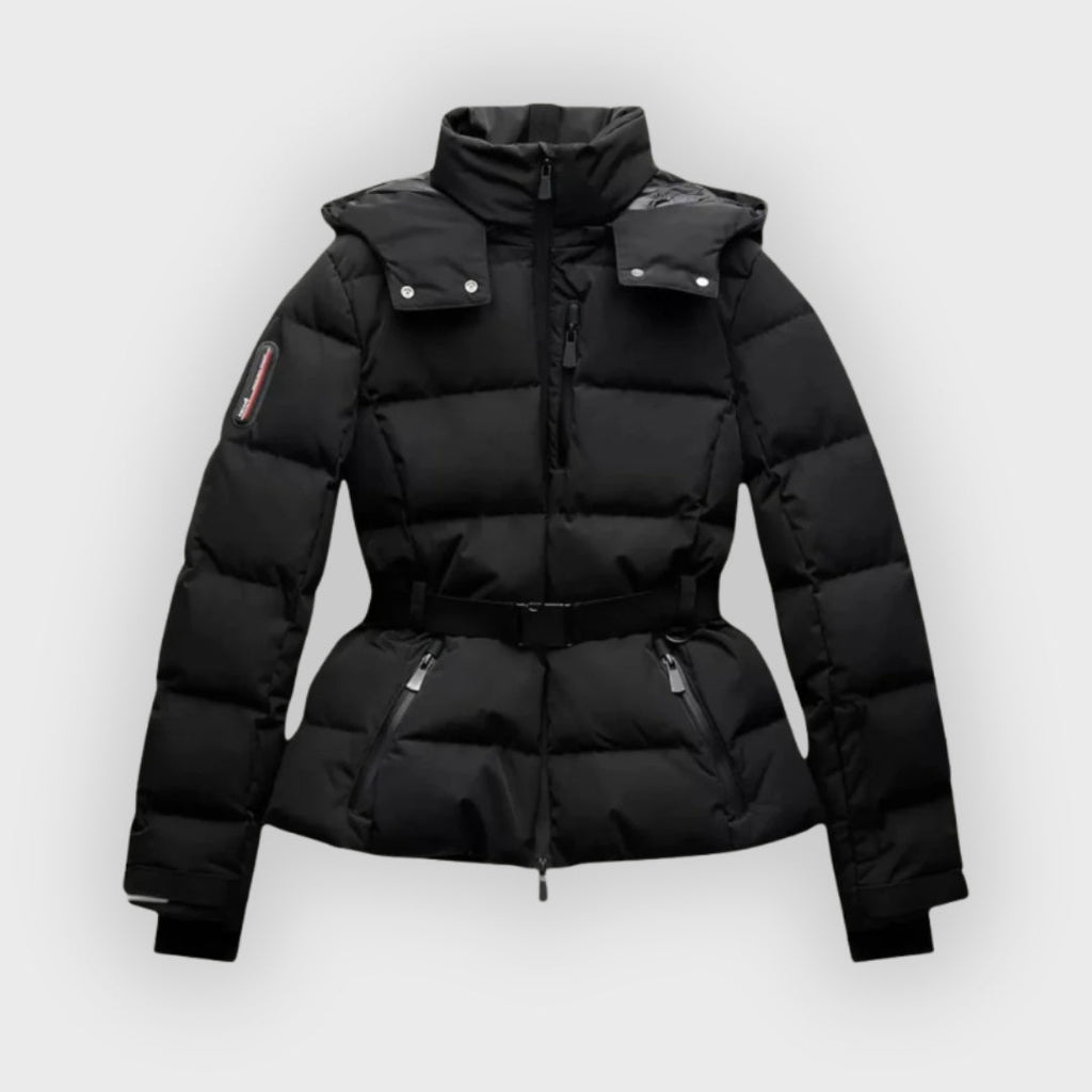 Evelisse | Geïsoleerde skijack voor dames – Zwarte winterjas met ceintuur