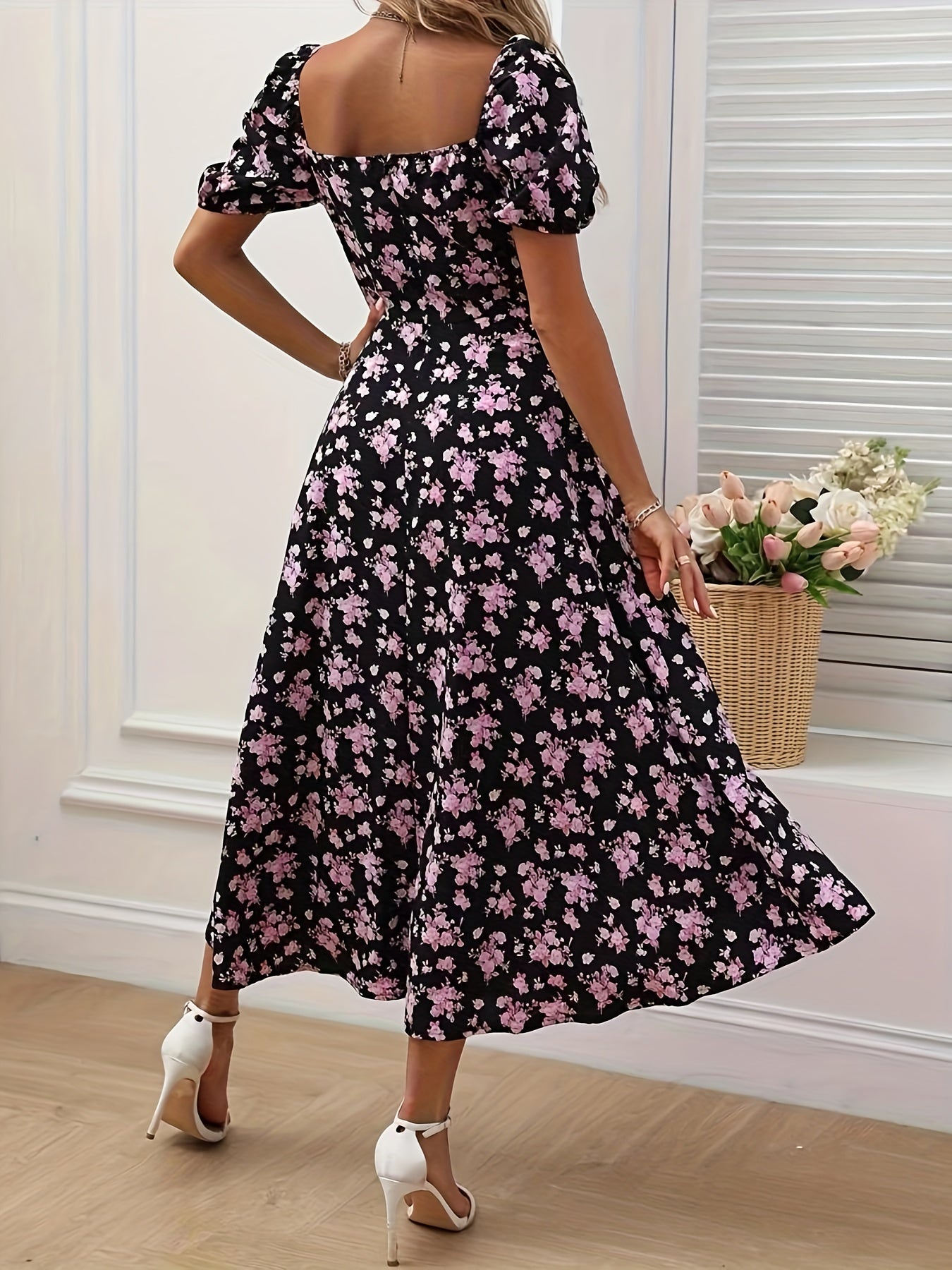 Jadzia | Floral A-line dress with puff sleeves - Chic slit hem, elegant midi dress