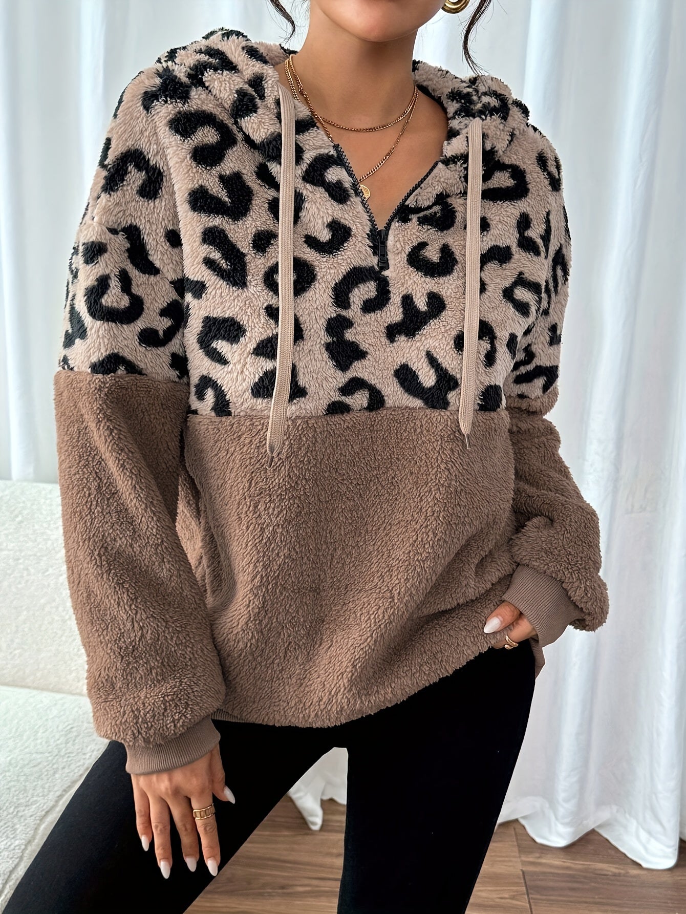 Agatha | Damestrui met luipaardprint - Knus Teddy Pluche Sweatshirt, Polyester Contrast Trui, Casual Gebreide Top met Capuchon