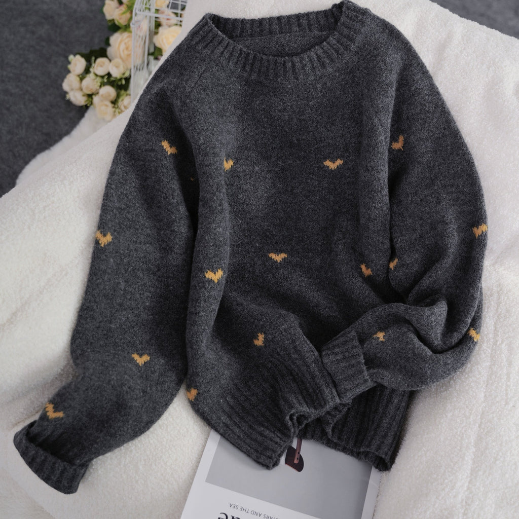 Solenne | Dames trui met hartjespatroon – Minimalistische gebreide pullover, ronde hals, losse pasvorm