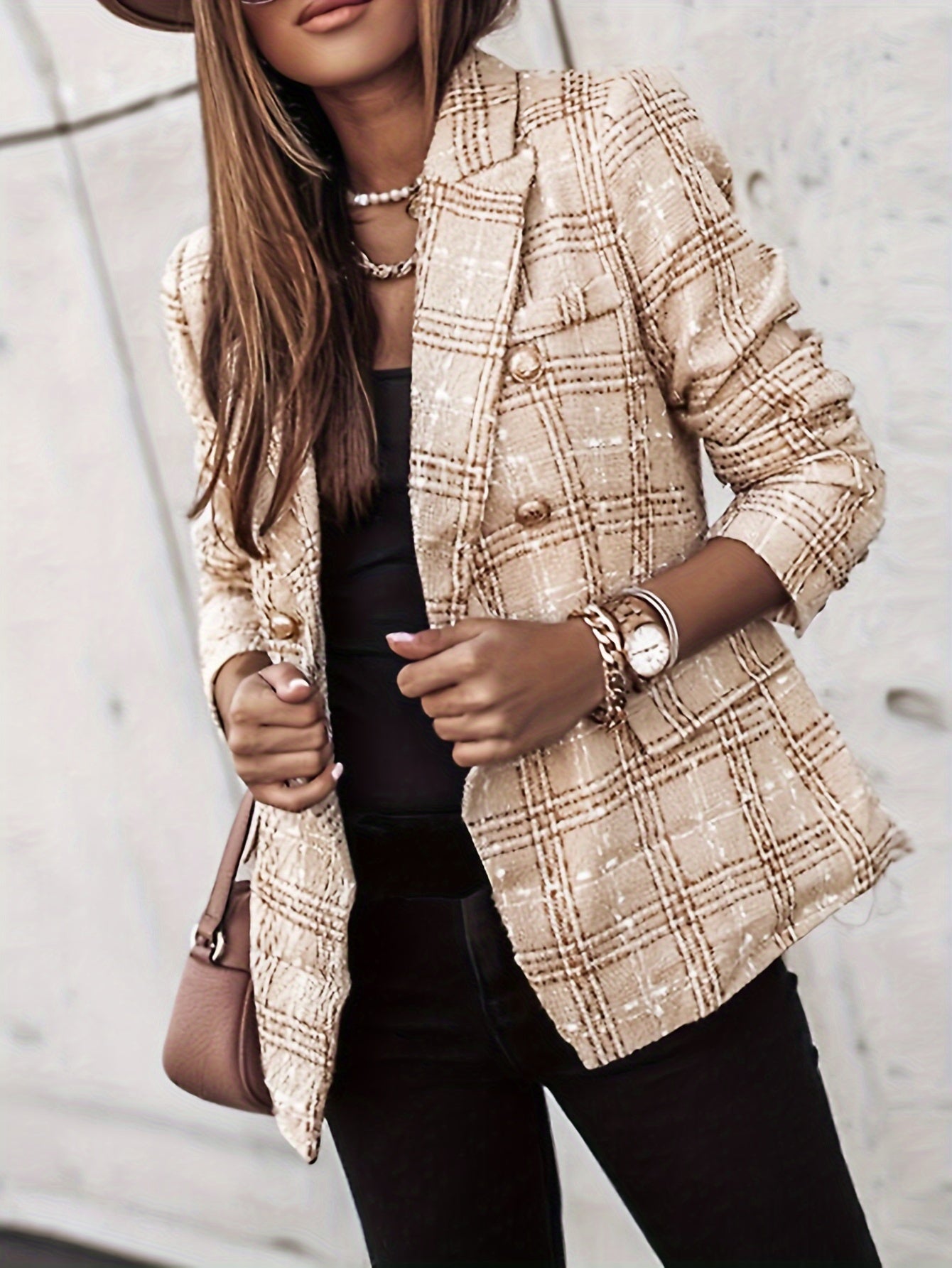 Genevieve | Blazer met twee rijen knopen - Elegante geruite Tweed jas met lange mouwen voor kantoor en werk, Dameskleding