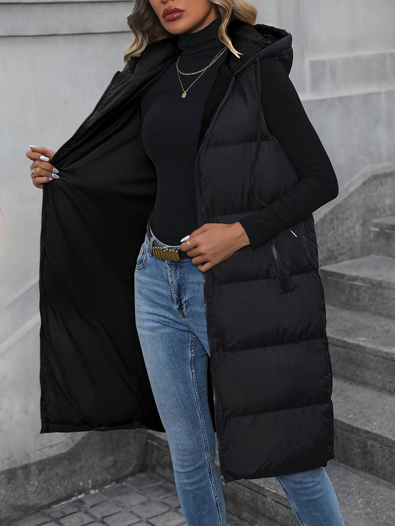 Aina | Women's Long Padded Sleeveless Vest with Hood - Lightweight Bodywarmer Vest