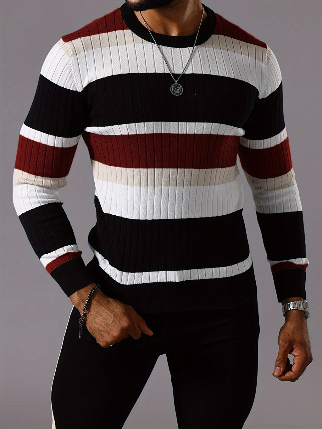 Epoch | Casual Gestreepte Pullover met Kleurblokken voor Heren - Sweater met Lange Mouwen en Ronde Hals