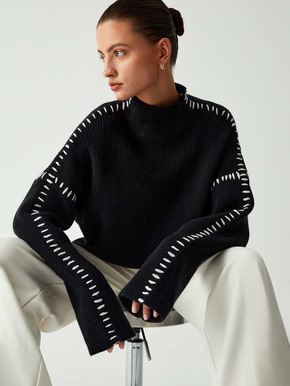 Heera | Damestrui met oversized mouwen en stiksels aan de zoom - Knusse en stijlvolle trui