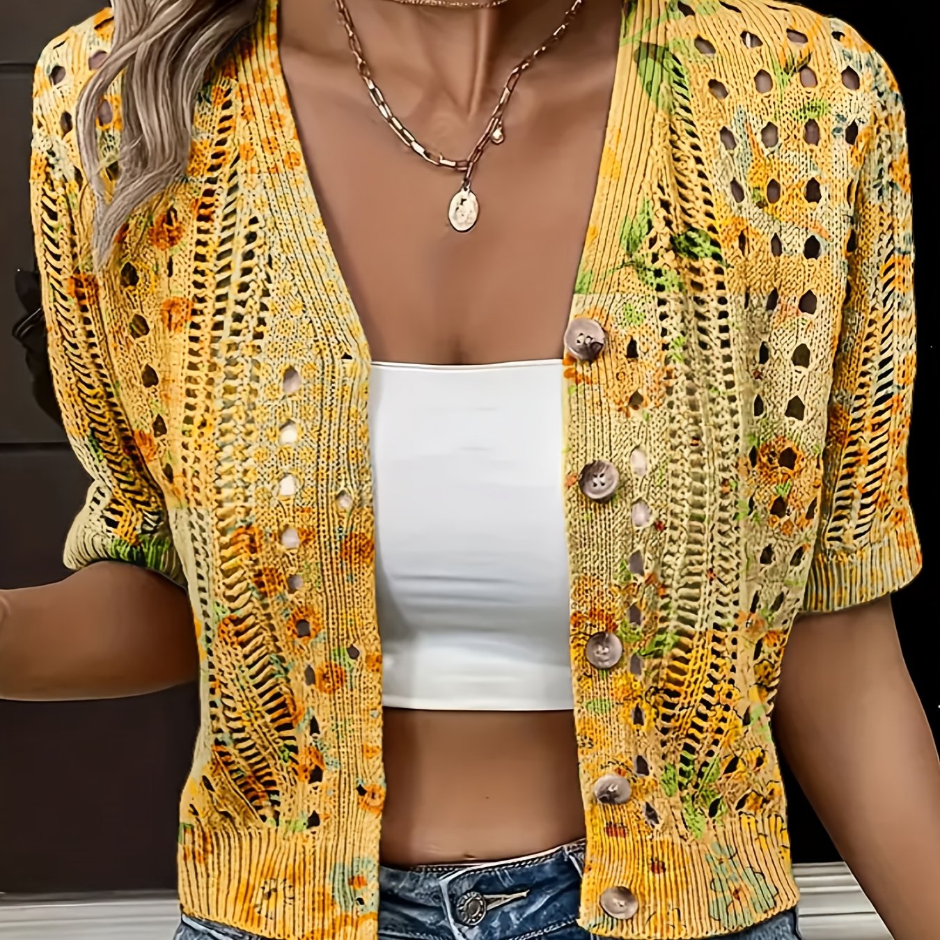 Cyravelle | Bohemian gehaakte korte cardigan – zomerse kortmouwen vest als lichte outerwear