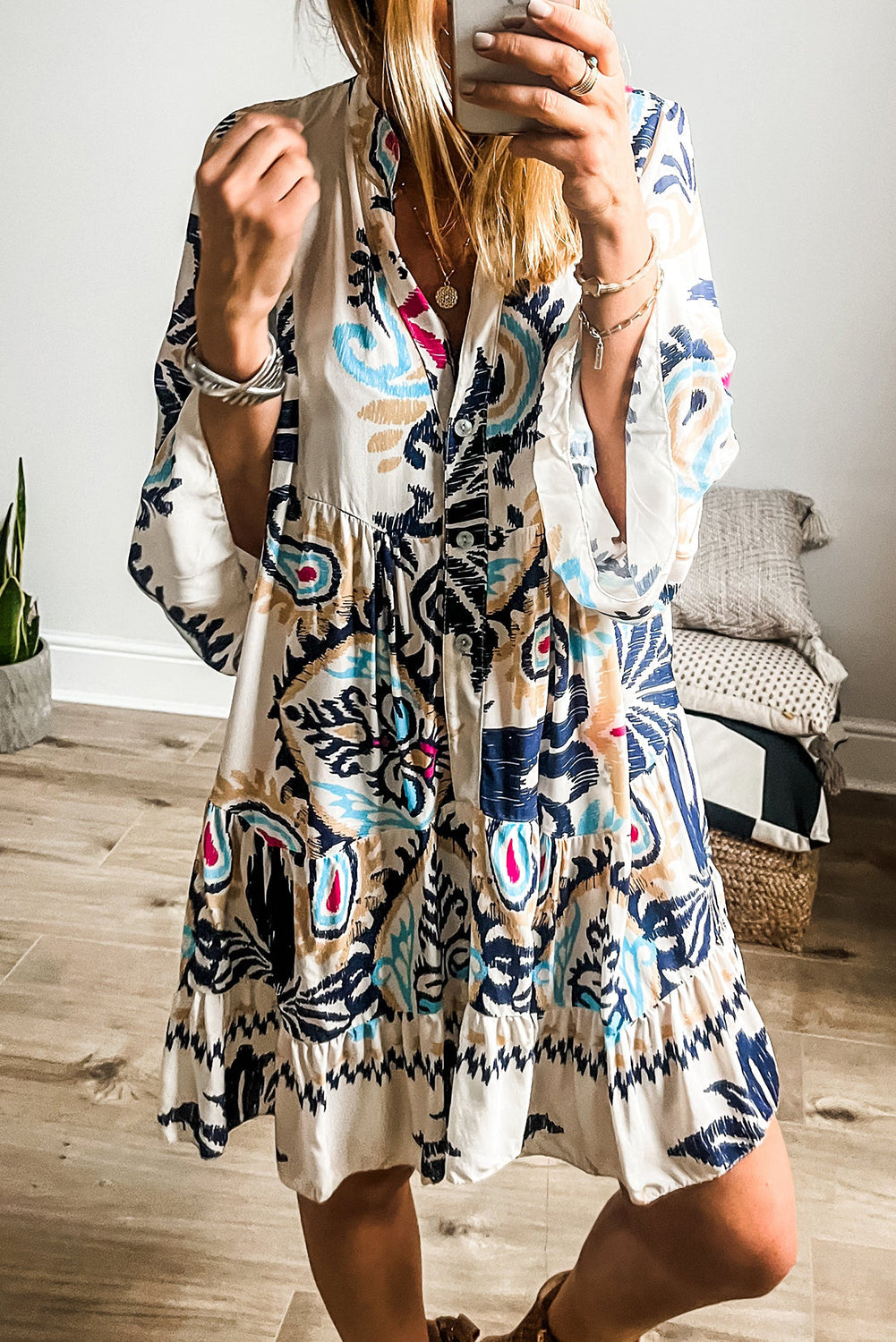 Ravienna | Women's Tribal Print Mini Dress - Button-Up, Bracelet Sleeve, Boho Chic