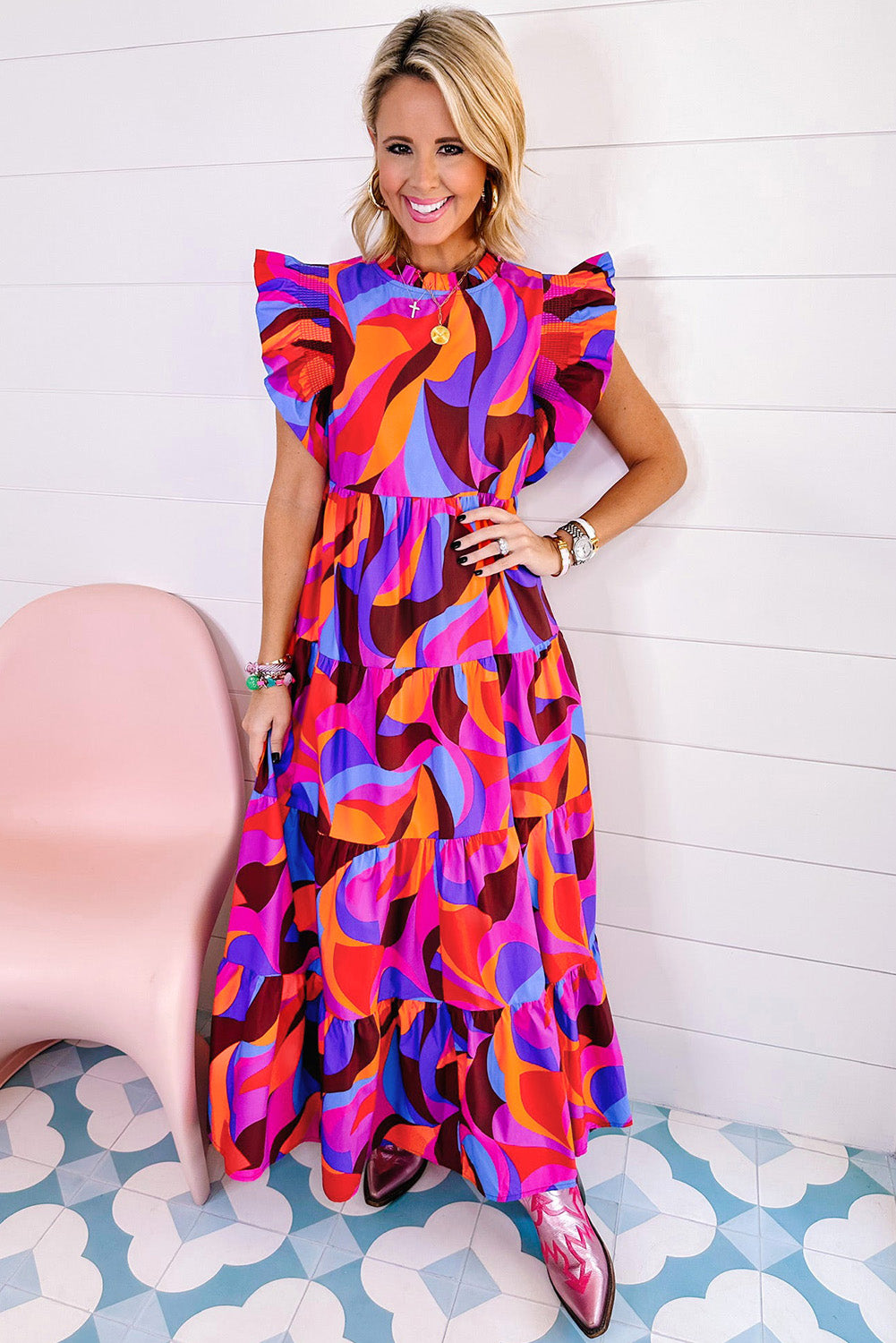 Isha | Women's dress with abstract print and high waist - ruffled sleeves, tiered skirt, flowing and elegant