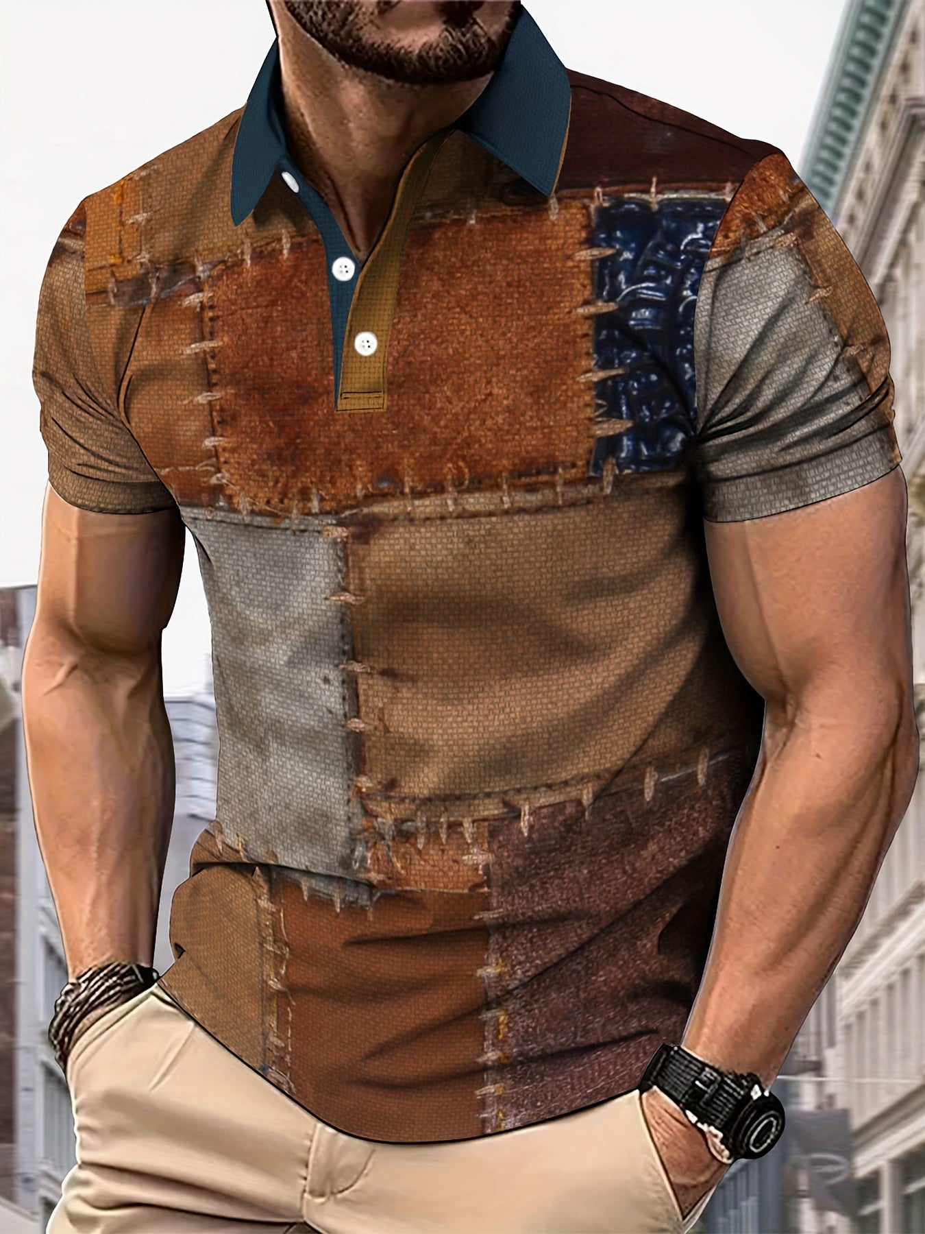 Flavius | Men's Retro Patchwork Polo Shirt - Short Sleeve, Color Block Pattern