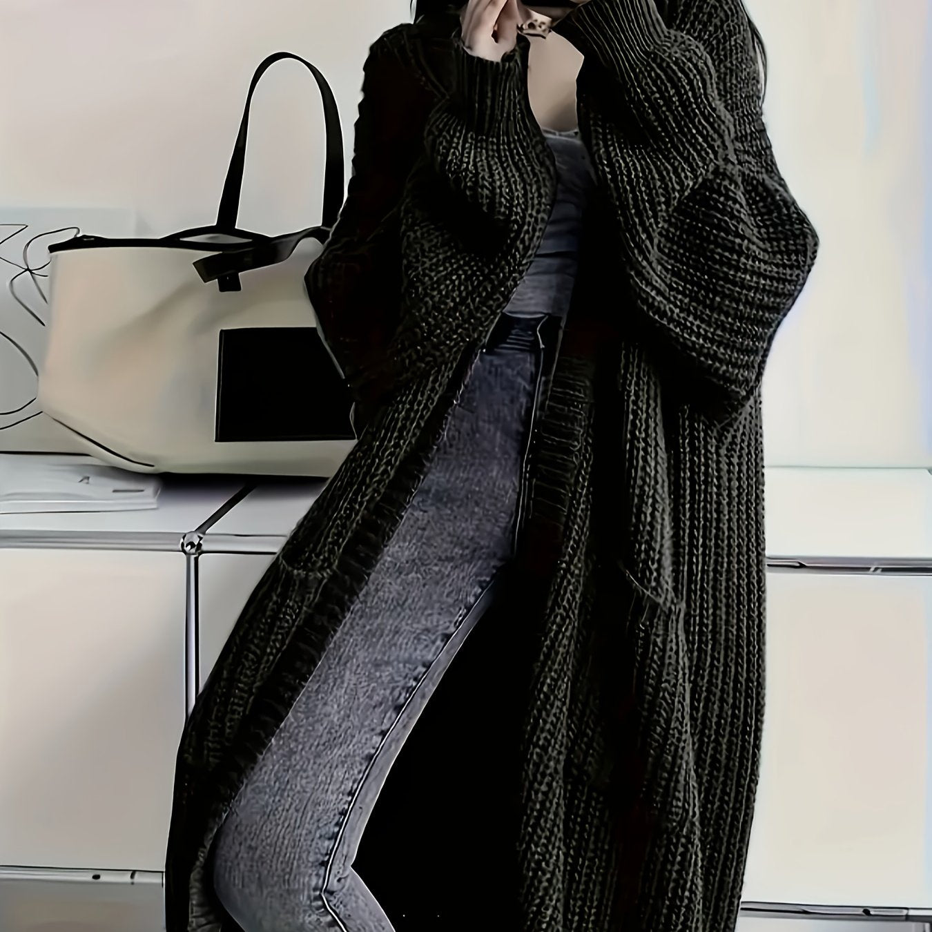 Myvessa | Lang gebreid vest voor dames – open voorkant, oversized, casual trui voor herfst en winter