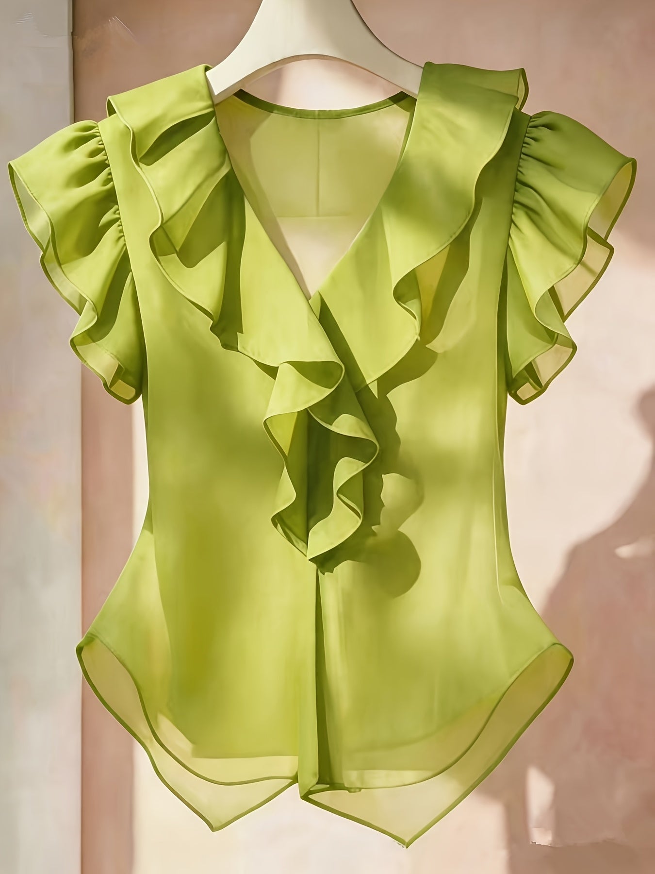 Vaenyra | Damesblouse in Franse stijl van chiffon – effen kleur met ruches en korte mouwen