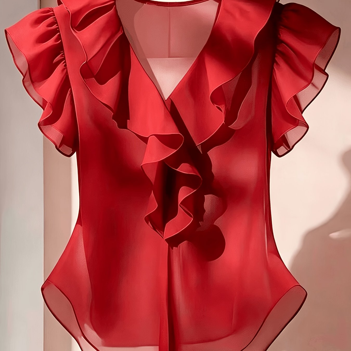 Vaenyra | Damesblouse in Franse stijl van chiffon – effen kleur met ruches en korte mouwen