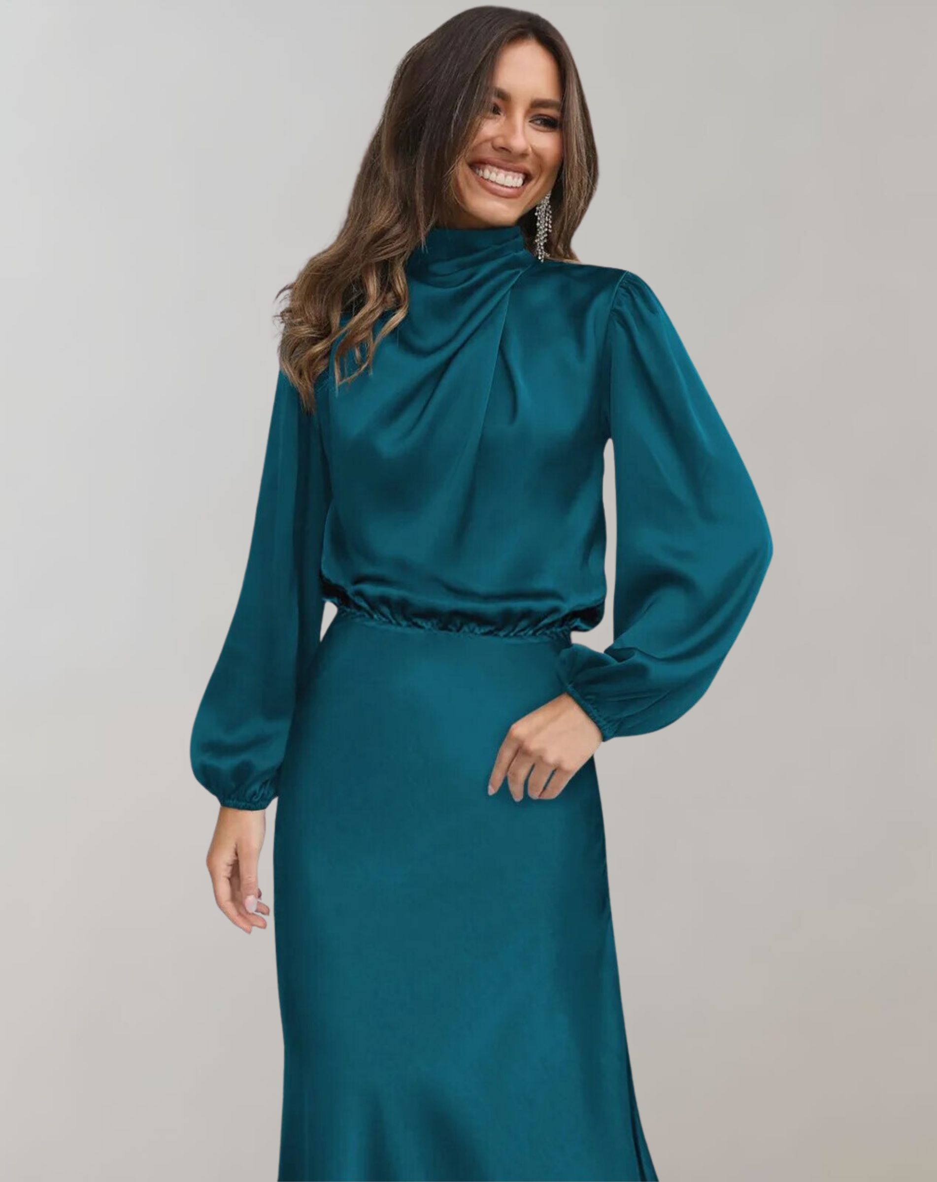 Darielle | Elegante satijnen jurk met lange mouwen voor avond, feest & formele kleding
