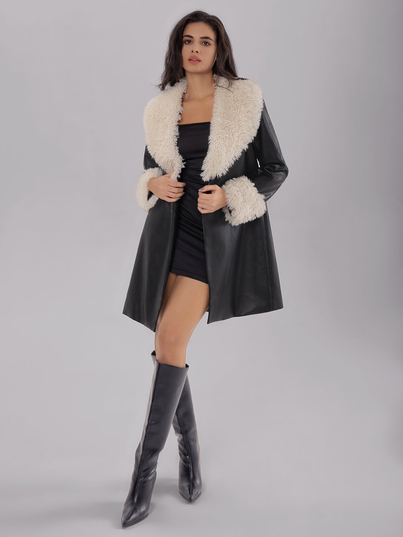 Posy | Women's leather jacket with fluffy collar, warm fleece lining