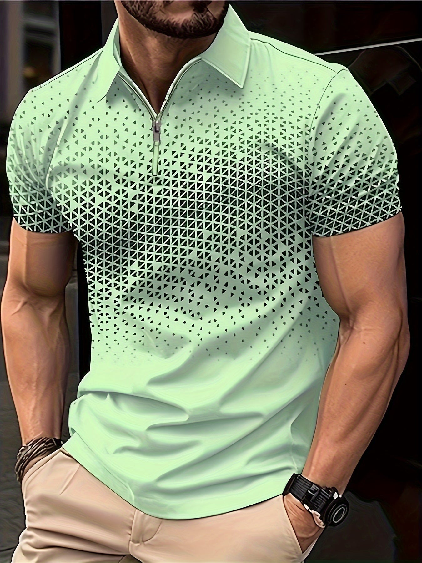 Waldred | Polo zippé géométrique pour homme - Respirant, extensible, manches courtes, coupe décontractée