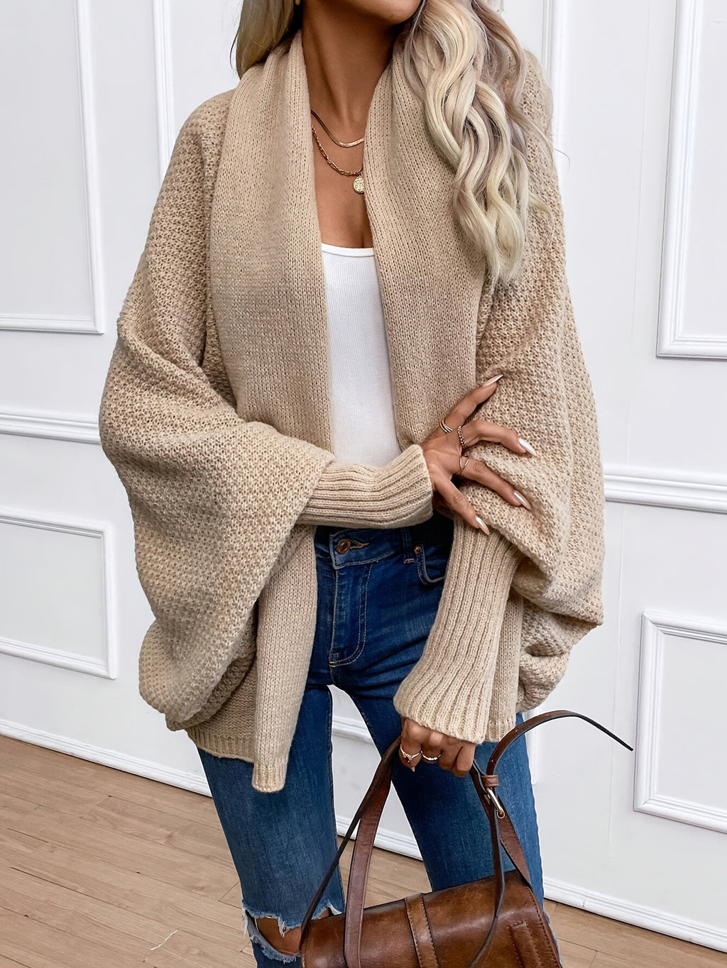 Felice | Oversized damesvest met open voorkant en vleermuismouwen - Los model, elegante effen kleur