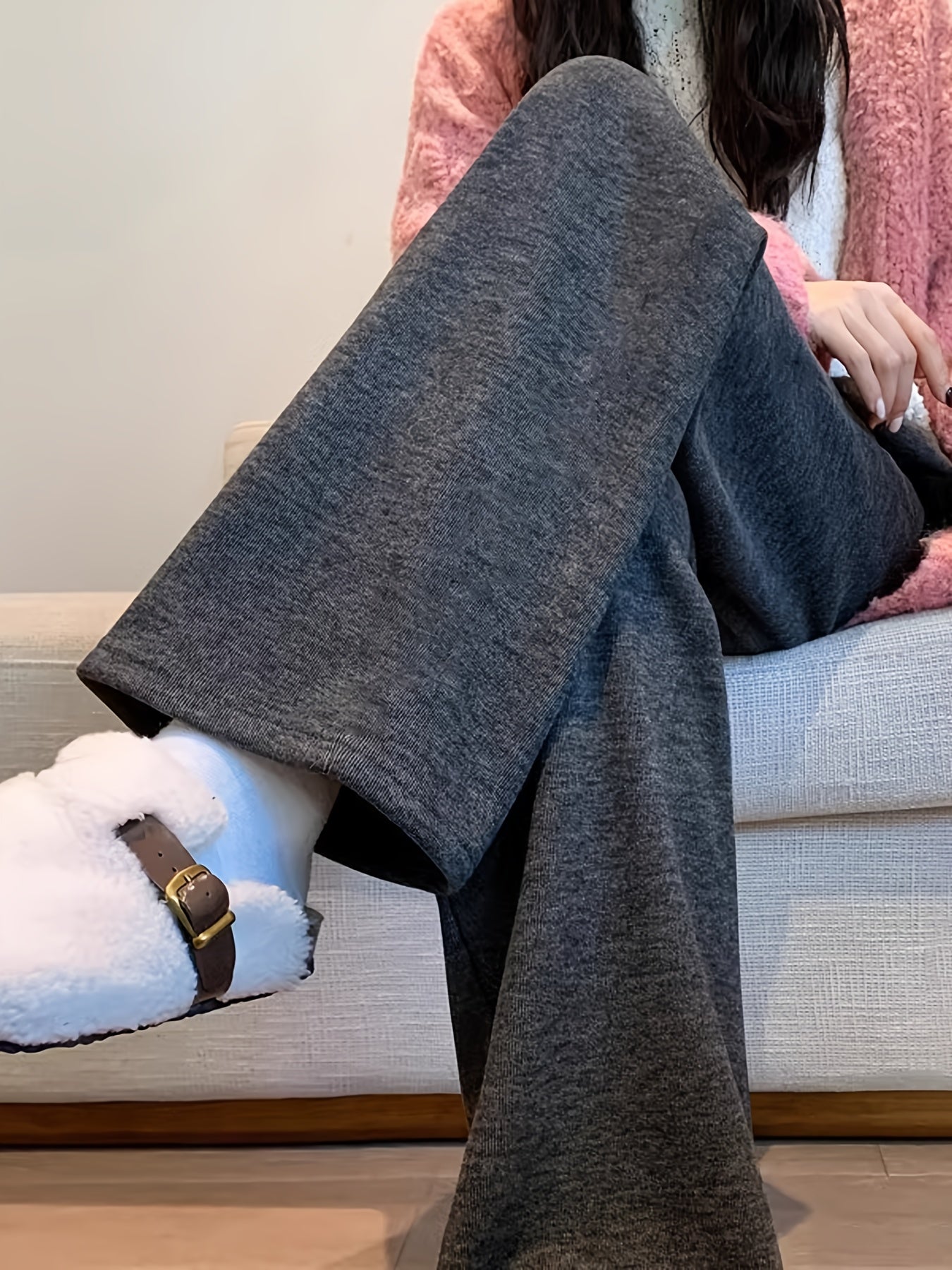 Meira | Knusse, met fleece gevoerde broek met wijde pijpen en hoge taille - Afslankende koordsluiting