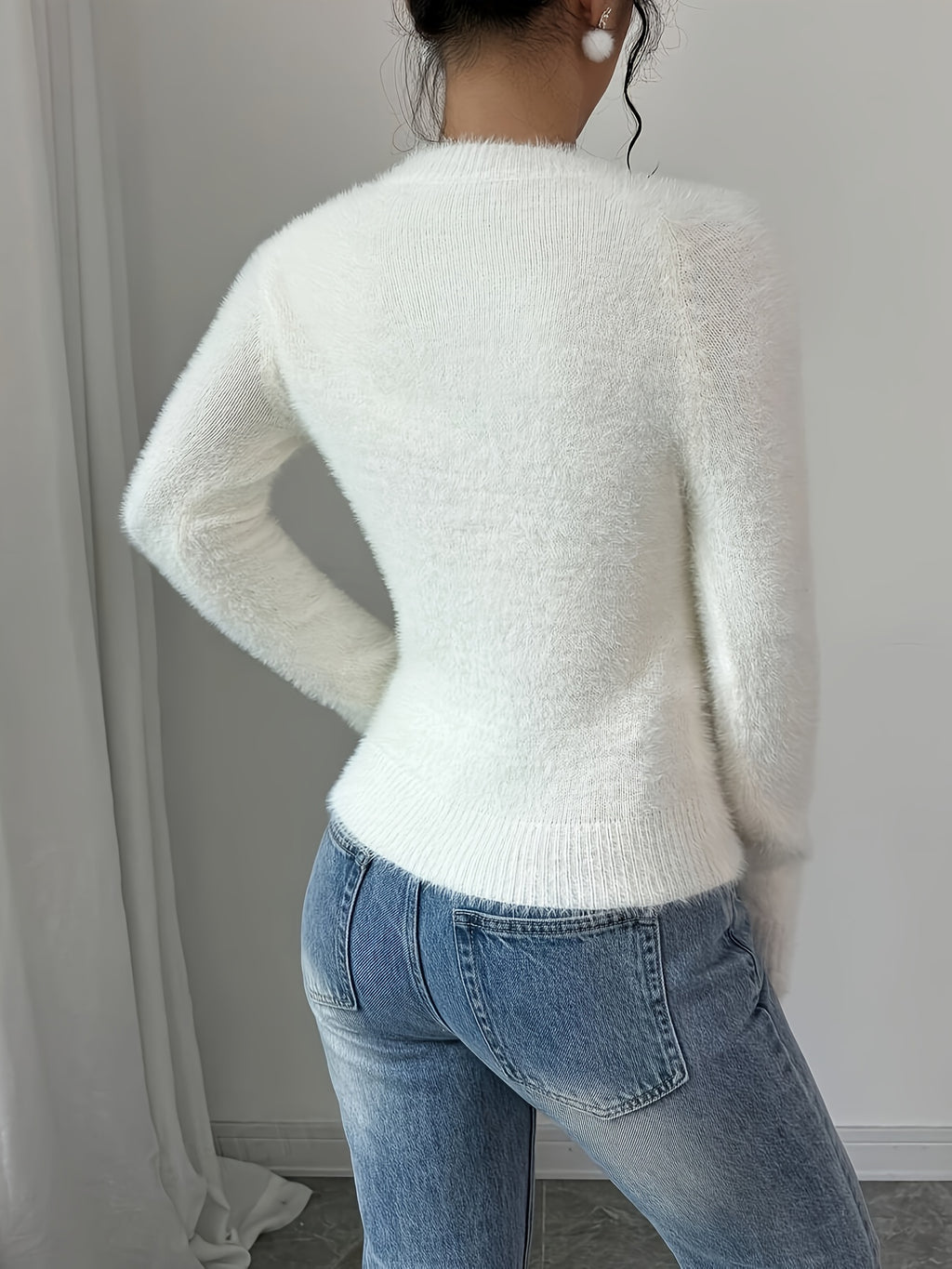 Nadine | Warme dames fleece trui - Fuzzy gebreide ronde hals top in effen kleur