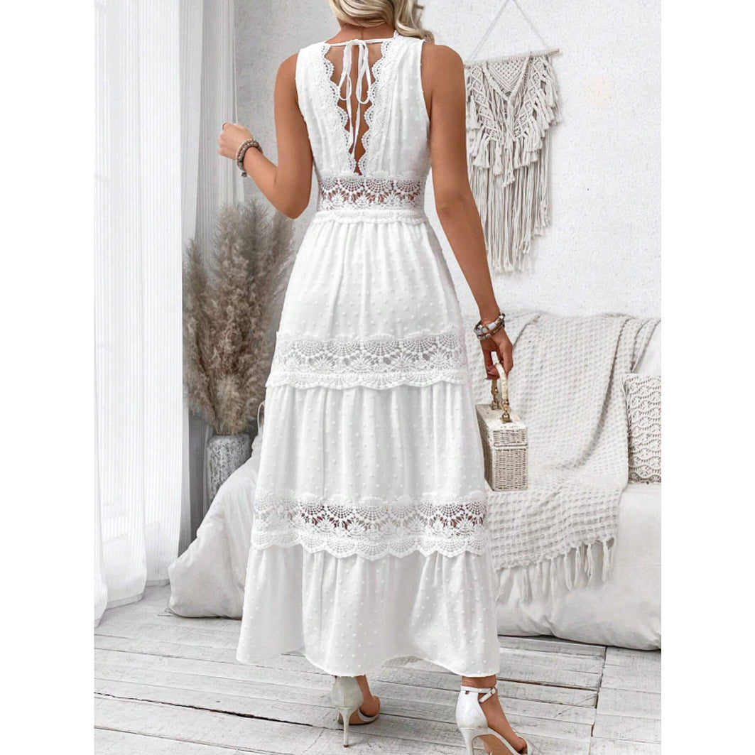 Robe femme sans manches à dentelle et col V
