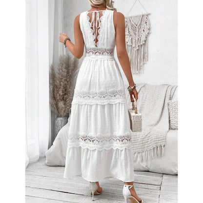 Robe femme sans manches à dentelle et col V