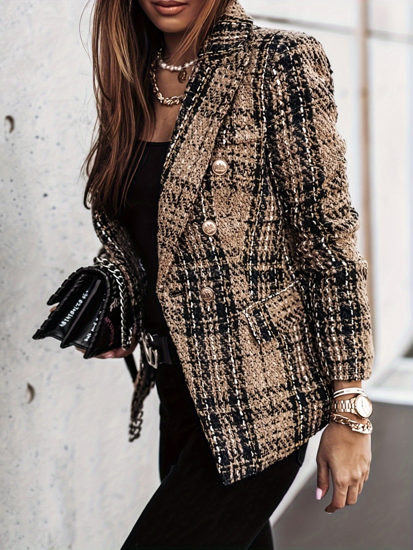 Genevieve | Blazer met twee rijen knopen - Elegante geruite Tweed jas met lange mouwen voor kantoor en werk, Dameskleding