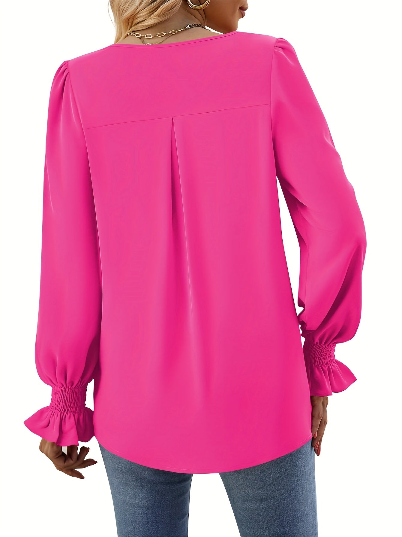 Reverie | Effen V-hals Blouse met Lange Mouwen voor Vrouwen - Elegante Top met Ruches en Klassieke Pasvorm
