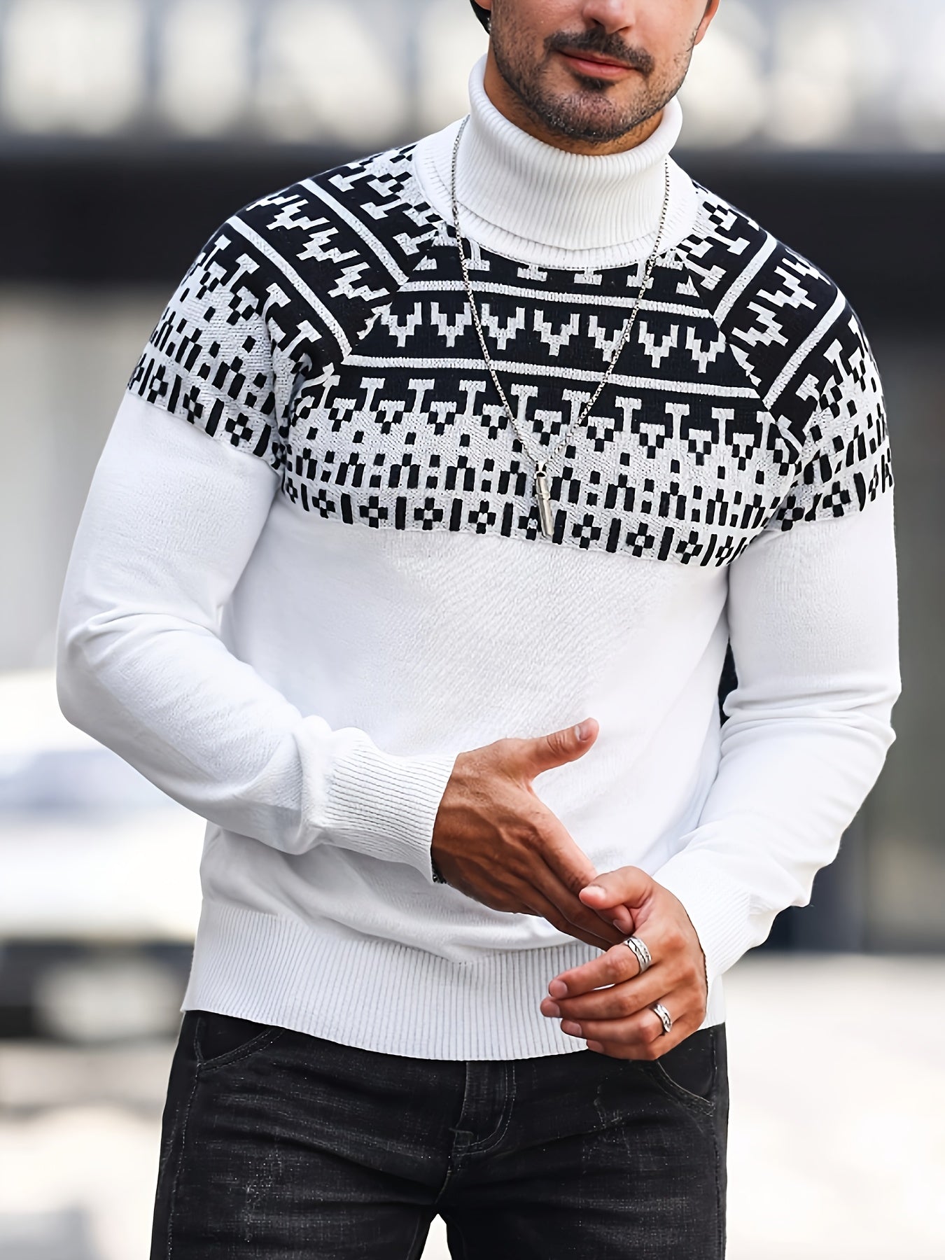 Beckett | Gebreide coltrui met geometrische grafische print, casual trui met lange mouwen voor herfst en winter