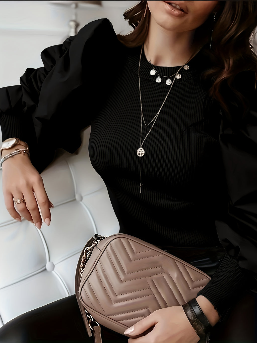 Valindra | Elegant Solid Ribbed Crew Neck Blouse with Puff Sleeves