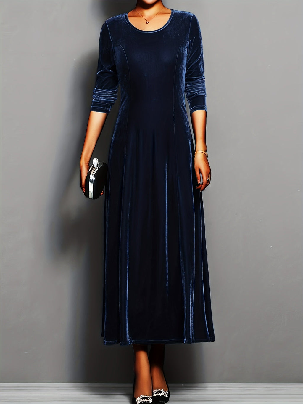 Nadina | Fluwelen midi-jurk voor dames, elegante formele avondjurk, driekwart mouwen, uitlopende A-lijn