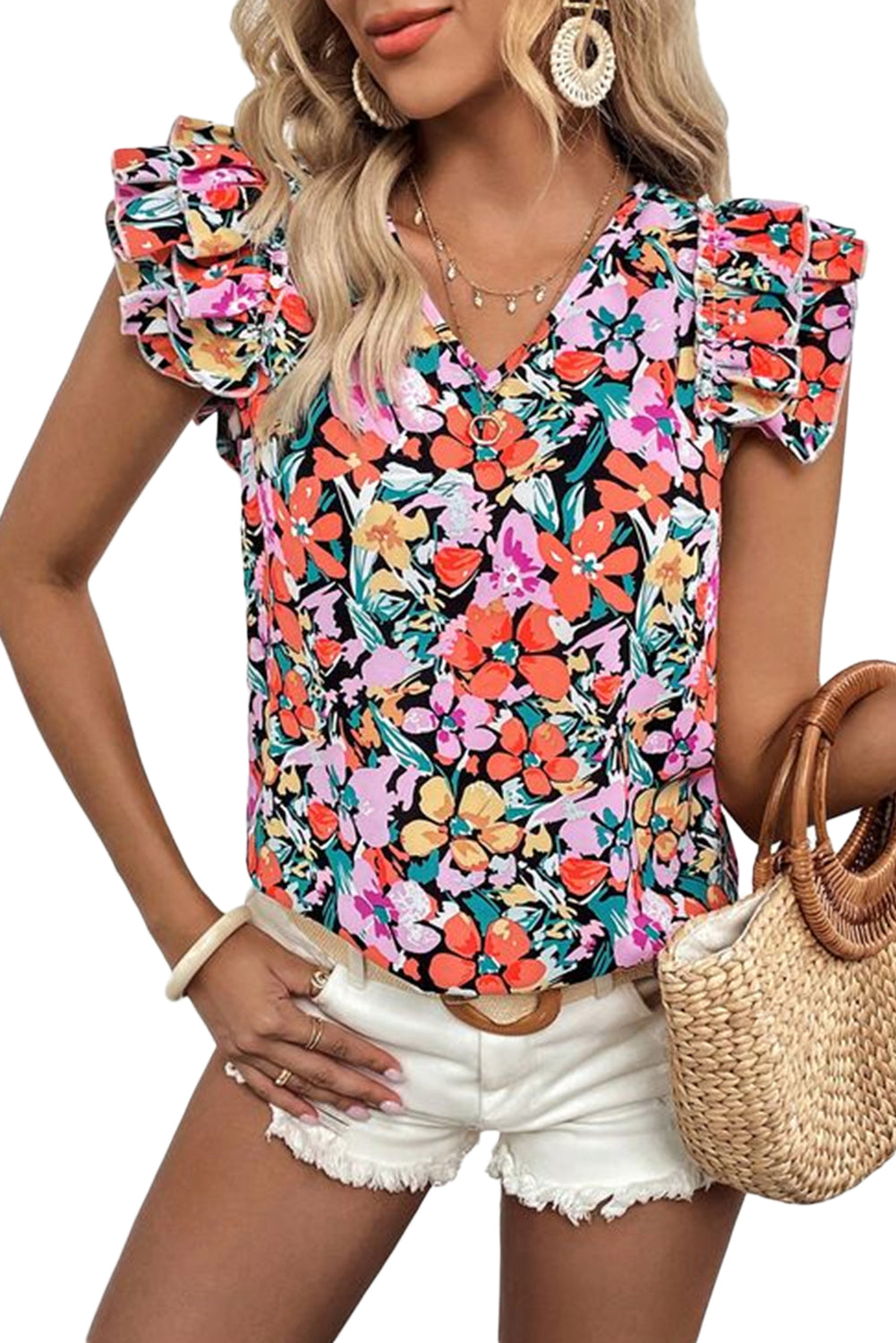 Marzena | Multicolour floral blouse with ruffled sleeves - Stylish women's top