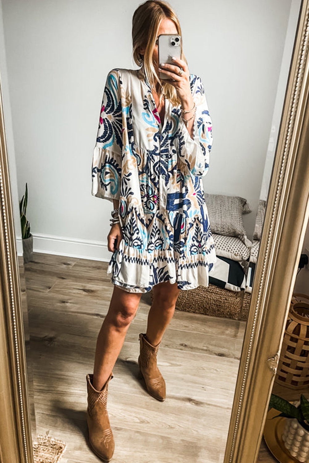 Ravienna | Women's Tribal Print Mini Dress - Button-Up, Bracelet Sleeve, Boho Chic