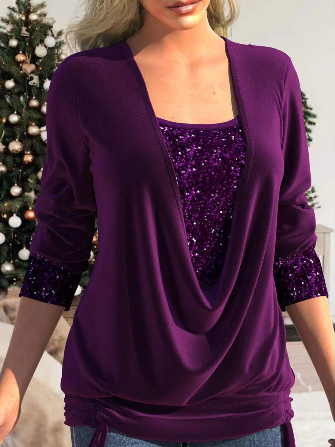 Cevania | Women's Sequin and Glitter Blouse - Festive Top, Festive Long-Sleeved Shirt